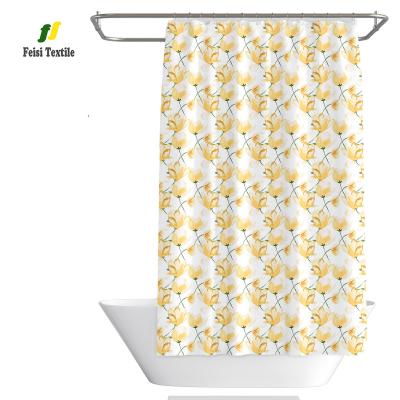 China Sustainable Fabric 100%Polyester Yellow Flower Printed 12 Plastic Hooks Shelter Curtain For Bathroom Decor Home Curtain for sale