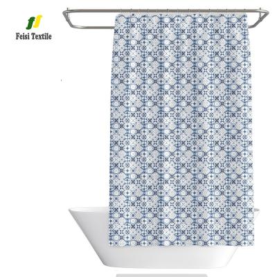 China Viable Geometric Patterns Patchwork Print Polyester Fabric Floral Ornamental Bathroom Shower Curtain Set With Hooks Blue for sale