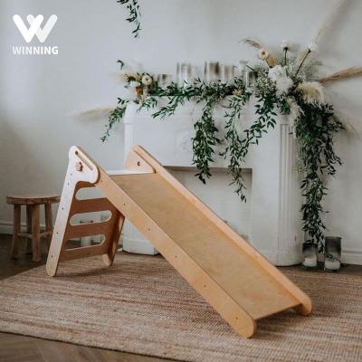 China Montessori Playroom Furniture Toddler Indoor Playground Eco-Friendly Gaining Wooden Slide For Living Room With Climbing Ladder for sale