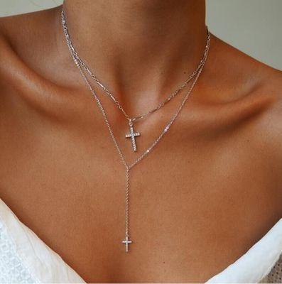 China High Shiny Polished Multilayer Thin Chain Necklace Fashion Simple Design Crystal Cross Pendant Charm Necklace Gold Silver For Women for sale