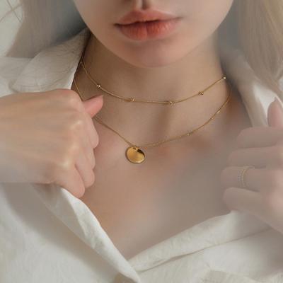 China FASHIONABLE New Arrival Simple Design Korean Double Layer Gold Bead Chain Around Coin Choker Pendant Necklace For Women for sale