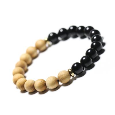 China TRENDY Most Popular Mens Jewelry Designs Shiny Black Onyx Agate Wood Beads Stretch Bracelet For Women Men for sale