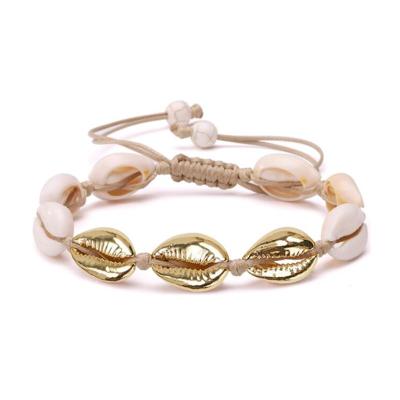 China FASHIONABLE Bohemian Gold Plating Metal Shells Natural Seashells Rope Braided Handwork Women Jewelry Bracelet for sale