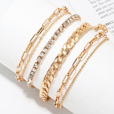 China New Arrival Fashion Simple Design 6Pcs/Set Gold Color Handmade Alloy Square Chain Crystal Anklets For Women Girls for sale