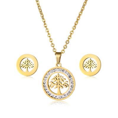 China Environmental Friendly Gold Plated Stainless Steel Women Jewelry Sets Round Hollow Crystal Tree Of Life Stud Earrings Necklace for sale