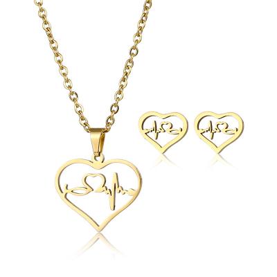 China 2020 New Environmental Friendly Stainless Steel Jewelry Designs Heartbeat Shaped Necklace Earring Set For Girlfriend Lovers for sale