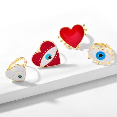 China Exquisite appearance fashion drop oil enamel heart shape evil eye gold color adjustable alloy Ring For Women Jewelry for sale