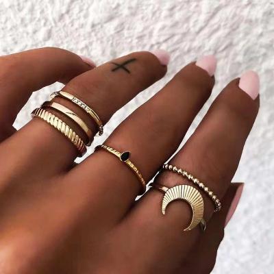 China New Arrival Trendy Statement European Vintage Gold Silver Metal Moon Shaped Finger Ring Set 6pcs/set For Women Jewelry for sale