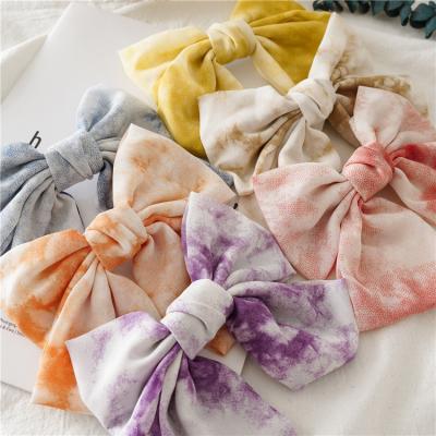 China New Arrival Fashion Soft Hair Accessories Dye Tiing 10CM Large Cloth Bowknot Spring Hair Clips For Women Girls for sale