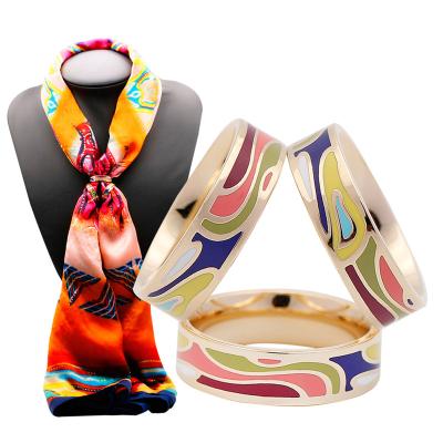 China Wholesale New European and American Style Three Ring Enamel Buckle Scarf Women's Titanium Steel Colorful Brooch Pin Ring Silk Color for sale