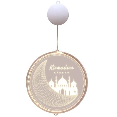 China Acrylic Disc Battery 3D Decoration Ramadan Castle Moon LED Pendant Lights Eid Hanging Lights for sale