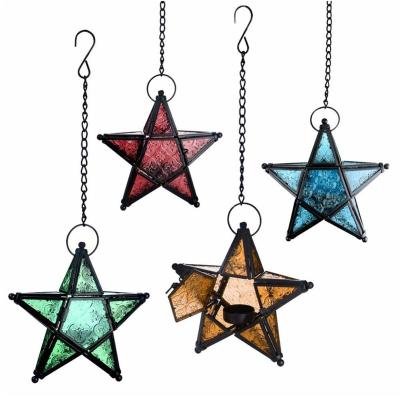 China Home Art European Art Colored Retro Five-pointed Star Glass Lamp Iron Decoration Windproof Candle Holders Windproof Candle Holders for sale