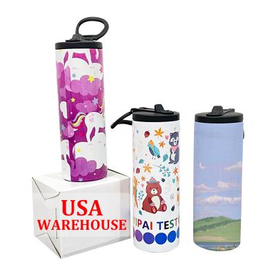 China USA Stocked 20oz White Double Wall Sublimation Stainless Steel Straight Outer Water Bottle With Straw Lid for sale