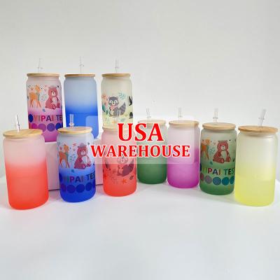 China Disposable USA Warehouse Recyclable Color Change Beer Glass 16Oz Beer Can Frosted Glass Mugs With Lid And Bamboo Straw for sale