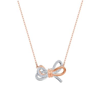 China Diamond Bow Necklace Fashion Rose Gold Tone Pendant Clutch Necklace Valentine Flirty Soft Romantic Bow Two's Day Gift for sale