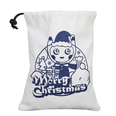 China Eco-friendly Cartoon Style Plain Drawstring Tie Up White Fabric Silkscreen Cotton Pouch Custom Gift Bags Calico With Your Own Logo for sale