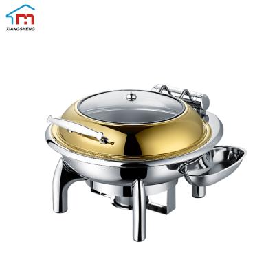 China Modern Round Shape Buffet Food Set Warmer Glass Gold Commercial Round Chafing Dish for sale