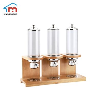 China Food Safety Cereal Dispenser Holder Hotel 3 Liter Mini Steel Wooden Base Double Food Kitchen Bulk Cereal Dispenser for sale