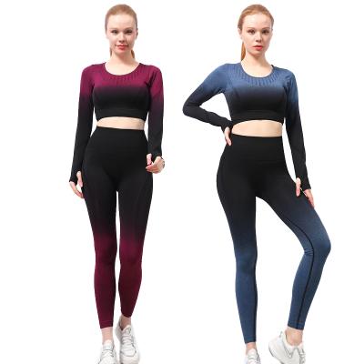 China High Quality Custom Breathable Long Sleeve Two Piece Quick Dry Long Crop Wear Gym Yoga Fitness Yoga Set for sale