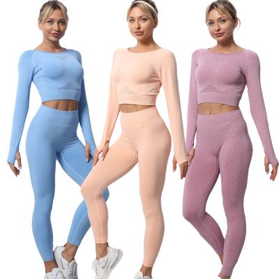 China Women's Breathable Yoga Sets Long Sleeve 2021 Seamless Winter Workout Suit Knitted Cotton Long Sleeve Yoga Set for sale