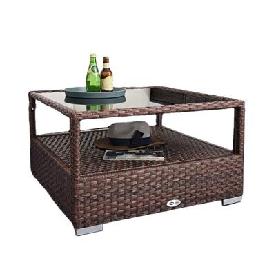 China Outdoor Weather Furniture Storage Coffee Table Patio Furniture Set, Wicker Rattan Side Tea Tables with Glass Top and Modern Backyard Deck Balcony for sale