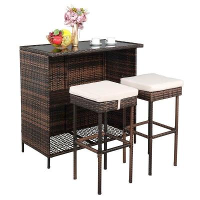 China Weather Resistant Wicker Rattan Bar 3 Pieces Set Outdoor Patio Table And 2 Stools Furniture for sale