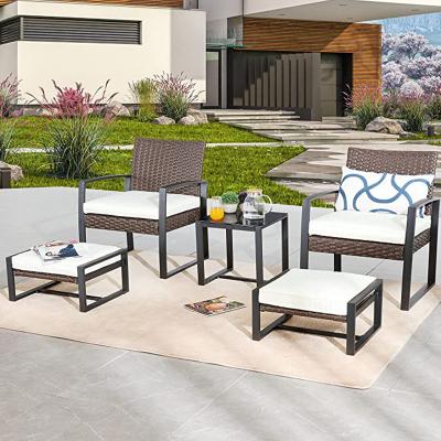 China Eco-Friendly\UV Resistant\Water Proof\Weather Resistant Conversation Patio Set 5 Piece Outdoor PE Wicker Rattan Sofa Furniture Cushioned Chairs And Stools With Tempered Glass Coffee for sale