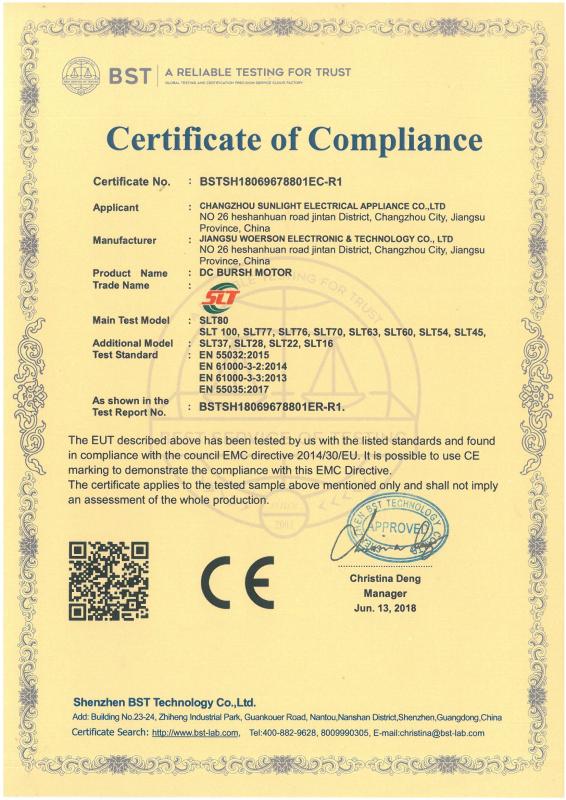 CE - Changzhou Sunlight Electrical Appliance Co., Ltd.