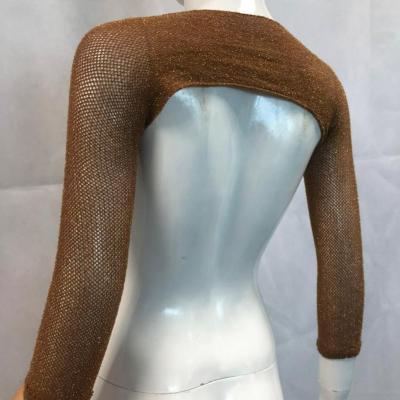 China Wholesale hot sale antibacterial ladies glitter cheap net knitted translucency arm shrugs with caramel color for sale