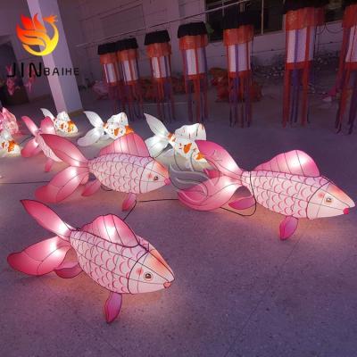 China Restaurants Customized Craft Fabric Iron Wire LED Lights Paper Gold Fish Lanterns Festival For Decorative Lantern Showground for sale