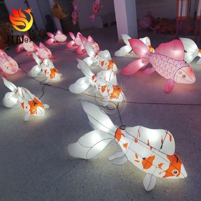 China Restaurants Customized Fabric Iron Wire LED Lights Festival Korean Traditional Lantern Gold Silk Fish Carp Fishing Lanterns for sale