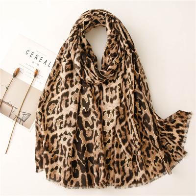 China Retro Spring Summer Leopard Print Cotton Scarf Women Viscous Literary Ethnic Style Fringed Scarf for sale