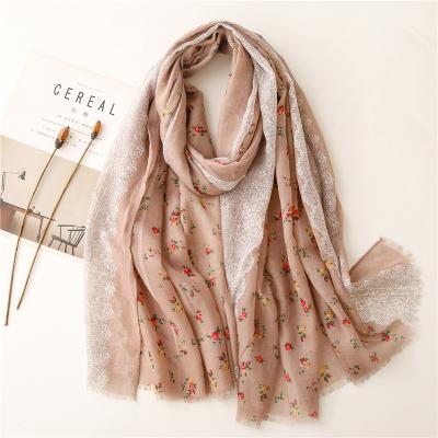 China Wholesale 2021 Cool Color Malaysian Cotton Hijabs With Lace Edge High Quality Viscose Printed Hijab Flower Scarves for sale