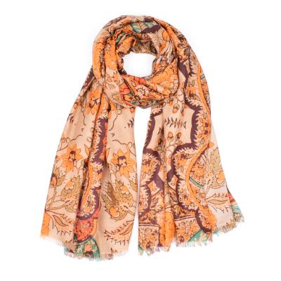 China The latest wholesale 2020 printed scarf squishy with orange tassel high quality vintage women's floral print shawl for sale