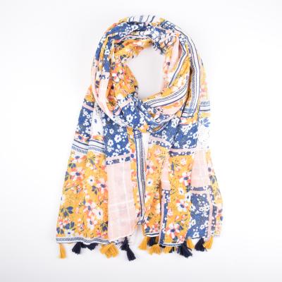 China Wholesale 2020 New Style Cotton Fringed Hijab Scarves Fashion Block Floral Print Tassel Yellow Women Soft Cotton Scarf for sale