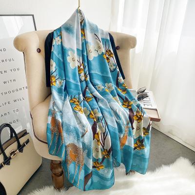 China Chiffon silk head scarves for women oil painting style satin hijab long and silk shawl gift for mother and girlfriend for sale