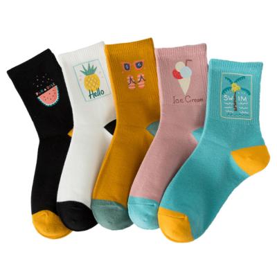 China Anti-Fault Women Color Printed Socks Custom Design Cotton Crew Dress Socks Women for sale