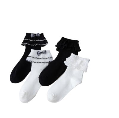 China Women Fashion Breathable White Women's Ruched Ankle Socks Drop Tube Dress Socks With Ruffles Ruffle Black Girl Socks for sale