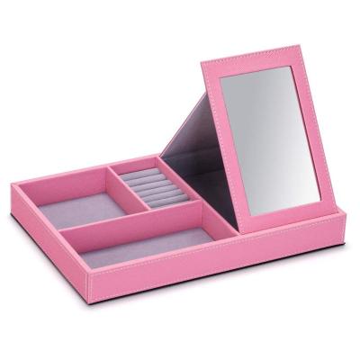 China Handmade High Quality Custom PU Jewelry Storage Box Jewelry Organizer Leather Tray With Mirror Velvet Jewelry Tray for sale