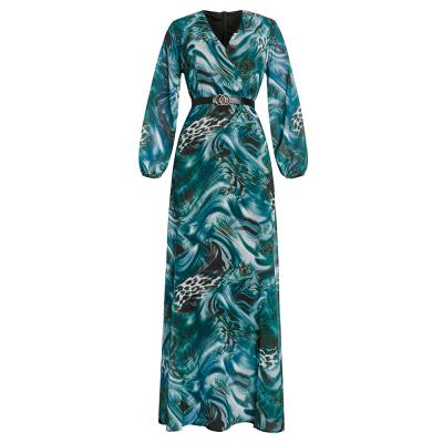 China Reputation Anti-wrinkle Long Chunky Wife Sleeve Printing Maxi Dress Floral V-Neckline Elegant Casual Wear for sale