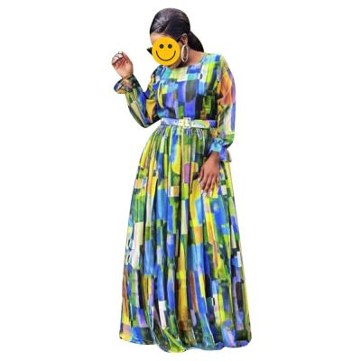 China Anti-Wrinkle Color Gradient Design Fashion Printing Summer Women High Waist Pleated Long Maxi Dress for sale