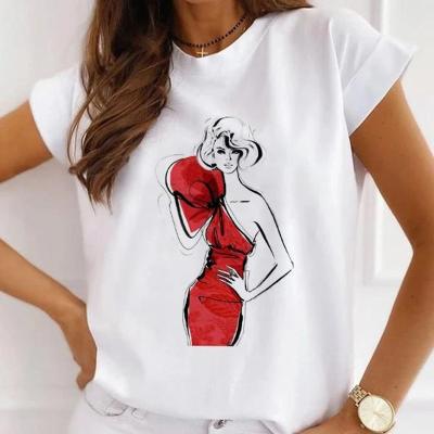 China Anti-Wrinkle Girl Print T-shirt White Cotton T-shirt Tops Streetwear Clothes for sale