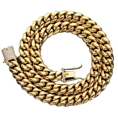 China Environmental Friendly 2023 New QZK Hip Hop Iced Clasp Stainless Steel Miami 18K Gold Jewelry Mens Cuban Chain Cadena Cubana Necklaces for sale