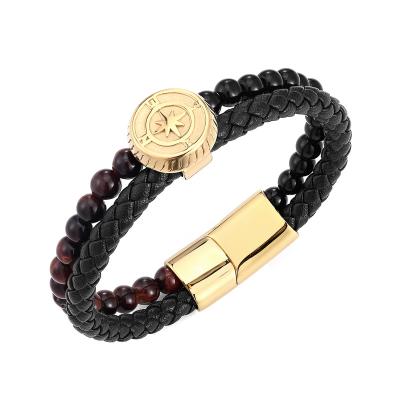 China Scratch Resistant 2023 QZK new men's hand bracelets steel and Leather Braided Leather Bracelet with Magnetic Closure for sale