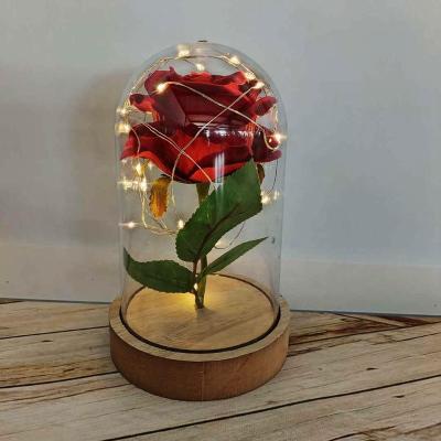 China Rose Red Rose And Copper Wire String Light In Flower Dome Glass Cover With Wooden Base For Valentine's Day Wedding Decoration for sale