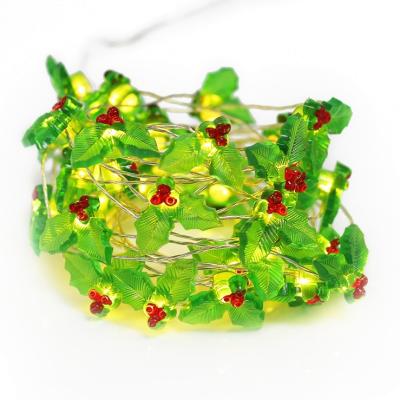 China Christmas Berry Leaf Led Berry Leaf Copper Wire Fairy Lights Decor Christmas Swag For Home Party Valentine Indoor Window Decoration for sale