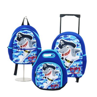 China Large Neoprene Rolling Shark Trolley Rucksack Set School Cheap Travel Bag College Waterproof Backpack Boys Girls for sale