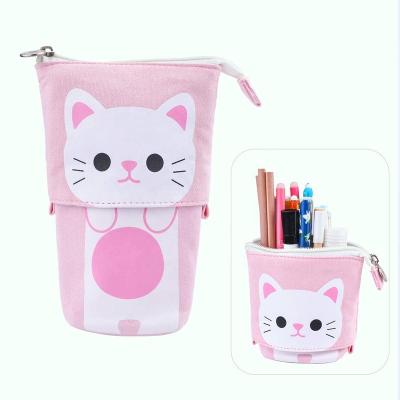 China Schools & Offices Cute Cartoon Cat Canvas Telescopic Vertical Pencil Case Stand Up Pen Bag With Zipper for sale