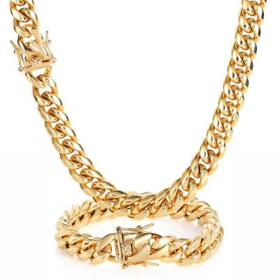 China 2022 hot hip hop jewelry Miami men's 18k gold stainless steel hip hop men's boy Cuban chain necklace for sale