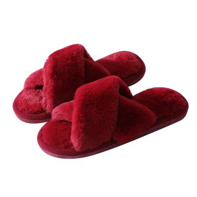 China New Fashion Trend Style Cross Fuzzy Sandals Female Slipper Anti-skid Fur Slipper Contracted Women Comfortable Winter Warm Indoor Slippers for sale